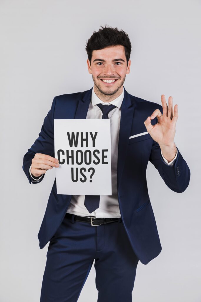business man holding paper with why choose us question
